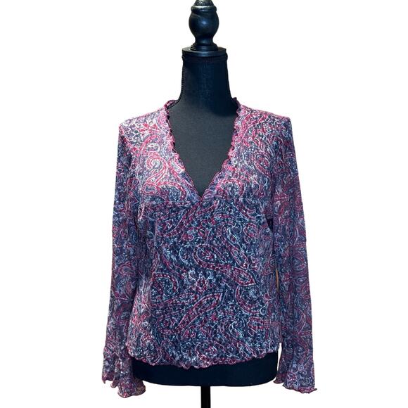 Women's INC Long Sleeve, V-Neck, Lace Burgundy, Paisley Blouse, Size Lg. EUC - Picture 1 of 3